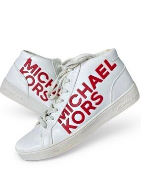 🛍️Michael Kors White Sneakers with Red Logo Mid-High-Tops